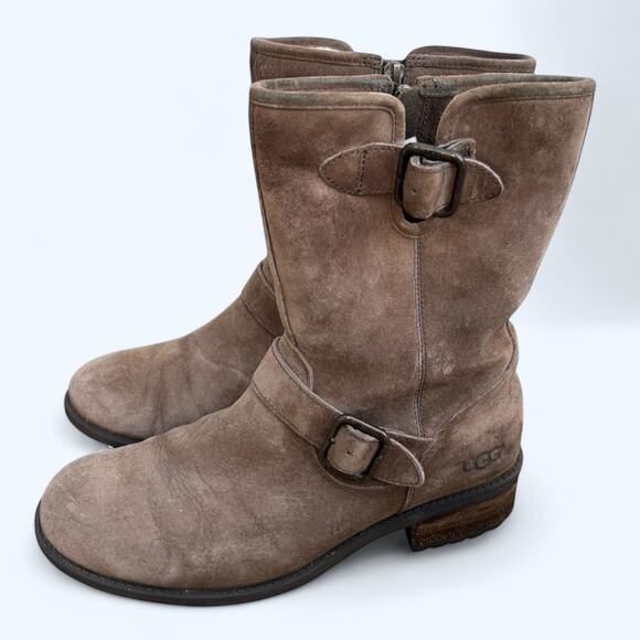 UGG Australia Chaney Brown Moto Engineer Boots Shearling Lined Suede Women's 8.5 - Picture 2 of 15